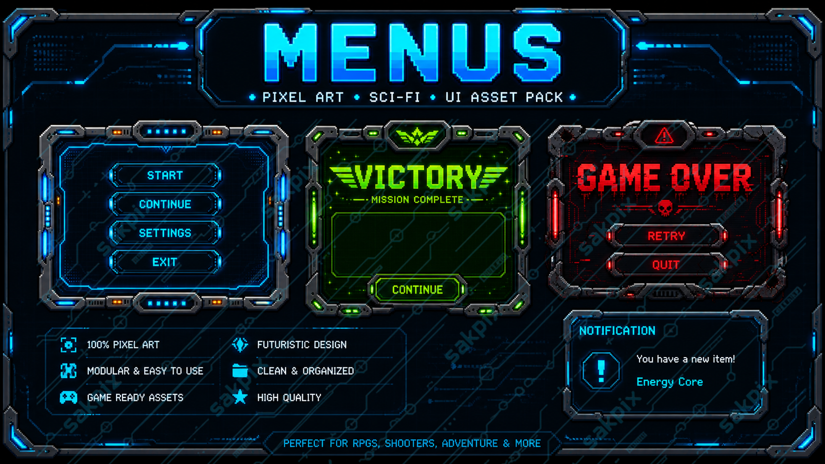 CyberCore UI Pack — Futuristic Pixel Art HUD & Interface Kit by SakPix