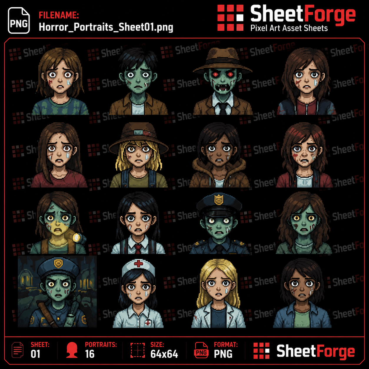 Horror Visual Style 96 Horror Portraits Mega Pack – Pixel Art Characters for Horror Games ...