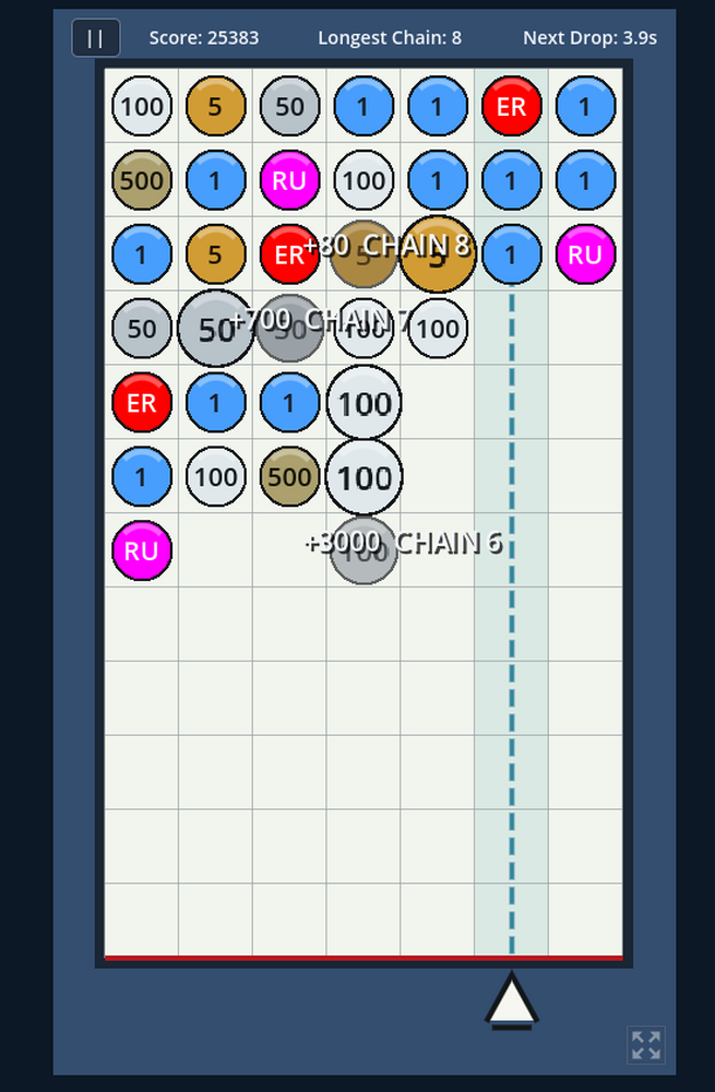 A Coin Crunch game in progress with several chain reactions resolving across the board.