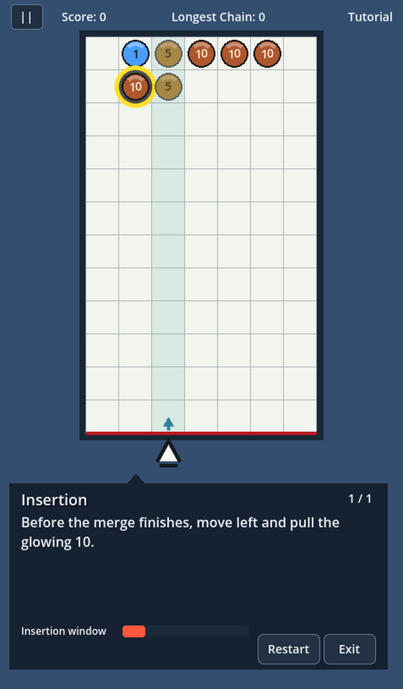 The interactive insertion tutorial showing a highlighted coin, target column, and timing window.