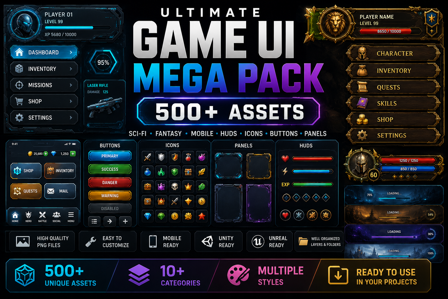 Ultimate Game UI Mega Pack — 500+ Assets by Gamerkingx