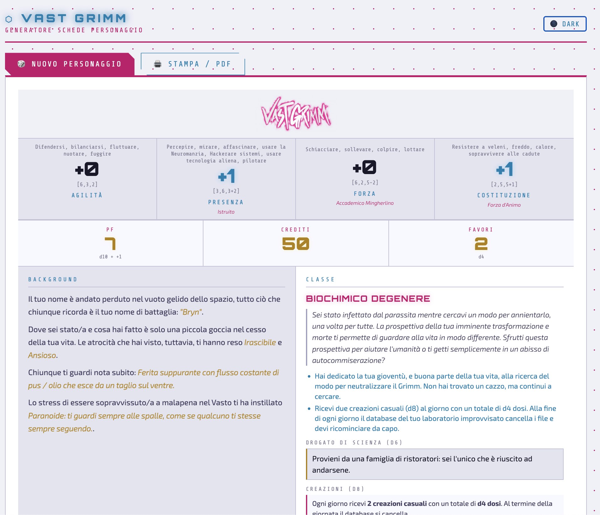 Screenshot 2 for Vast Grimm - Generatore Schede Personaggio ITA