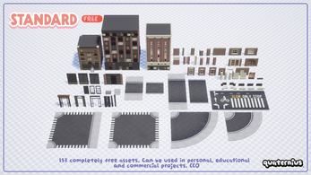 STANDARD FREE. 153 completely free assets. Can be used in personal, educational and commercial projects. CC0. quaternius Isometric view of modular building and street assets, including buildings, doors, windows, and road pieces on a grid background.