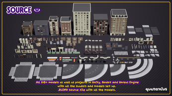 SOURCE. All 110+ models as well as projects in Unity, Godot and Unreal Engine with all the shaders and models set up. .BLEND source file with all the models. quaternius Collection of low-poly 3D city models including buildings, roads, and street elements on a dark background.