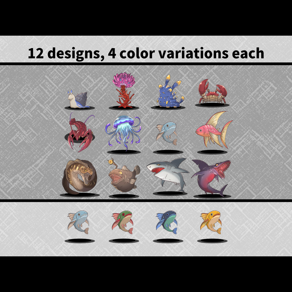 12 Creature Sprites Pack 04 (PNG, 4 Color Variations) by aconite