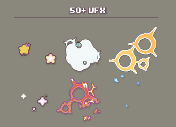 Pixel art visual effects including stars, rings, clouds, and sparkles on a gray background with '50+ VFX' text at top.