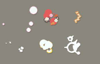 Assorted colorful visual effects including bubbles, smoke, lightning, and abstract shapes on a gray background.