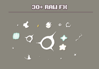 Assorted pixel art visual effects including stars, bursts, swirls, and spark shapes on a gray background.