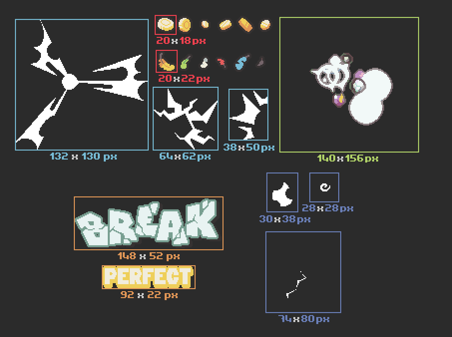 BREAK, PERFECT Pixel art game asset sheet with various icons, effects, and the words BREAK and PERFECT in stylized text.