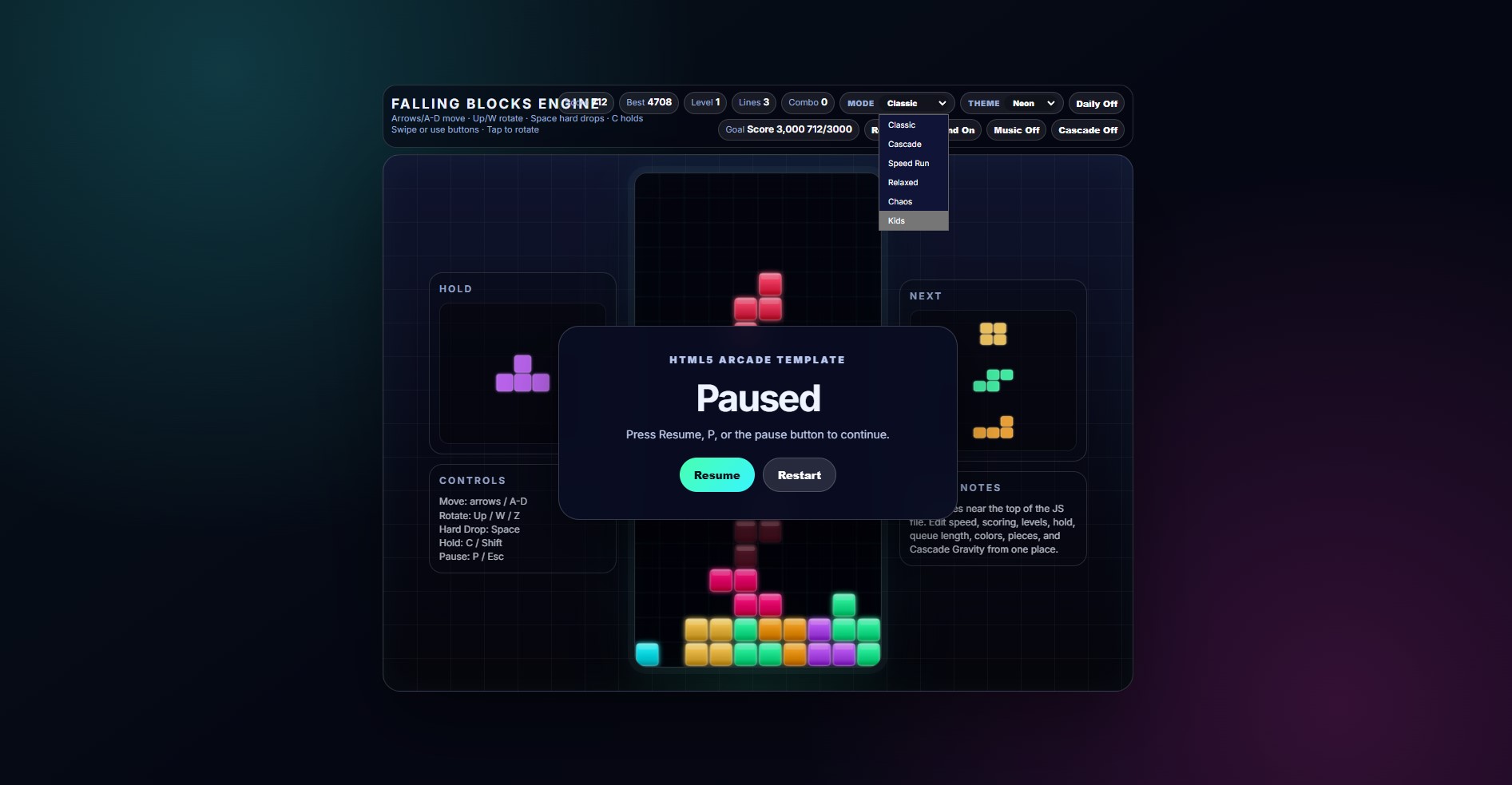 Falling Blocks Ultimate Engine Template – HTML5 Arcade Game Kit ...