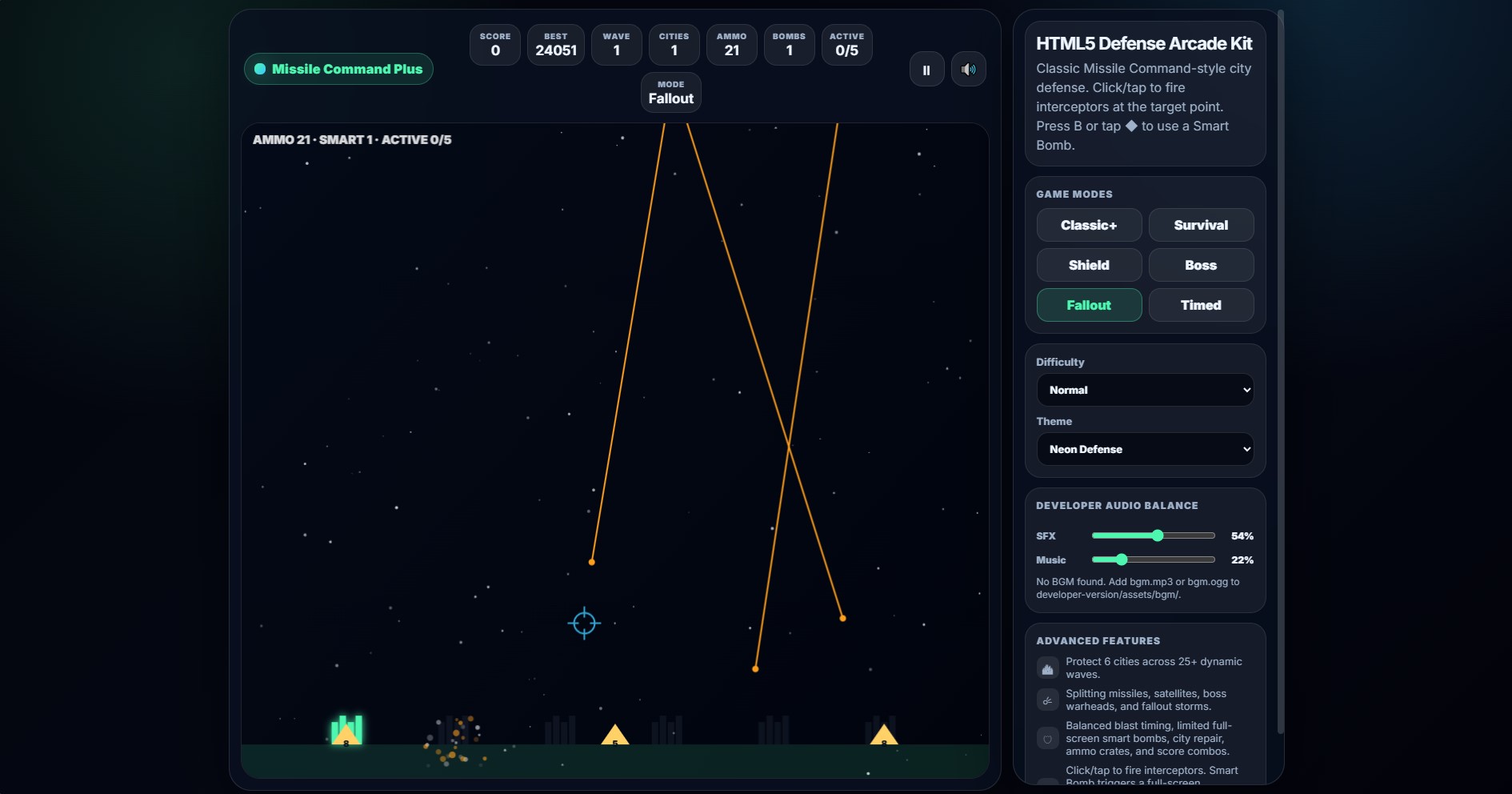 Missile Command Plus Clone Engine - HTML5 Arcade Defense Game Kit by ...