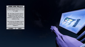 An image of a weird character holding a windows 95 computer in the night