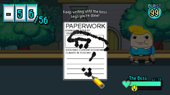 Cartoon game screenshot with a paperwork form, scribbled writing, and a boss character with health bar.