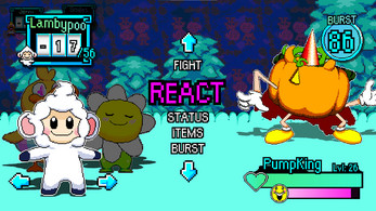 Turn-based battle screen with a sheep character and flower ally facing a pumpkin-headed enemy called PumpKing.
