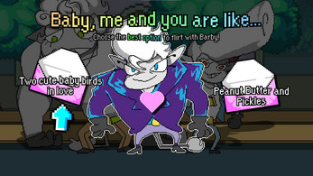 Cartoon character with white hair and purple jacket stands in front of two dialogue choices in a dating sim game.