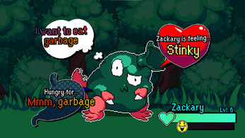 Cartoonish green monster with speech bubbles about eating garbage, a heart labeled 'Stinky,' and a health bar for Zackary.
