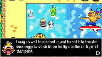 Cartoon-style game screenshot with characters in a pool, including a duck, a surfer, and a dialogue box.