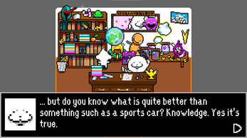 Pixel art scene of a character at a cluttered desk with books, a globe, and various objects, dialogue box at bottom.
