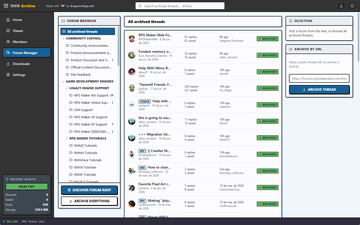 The Forum Manager: forum tree with sub-forums, thread list and progress panel