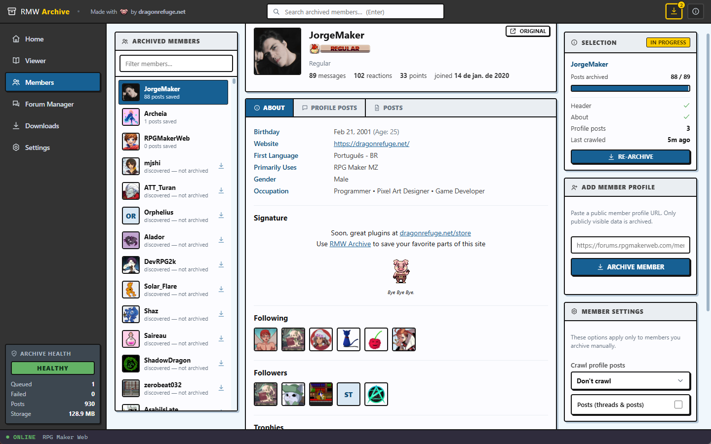 A member profile archived with About, trophies, medals, profile posts and reactions