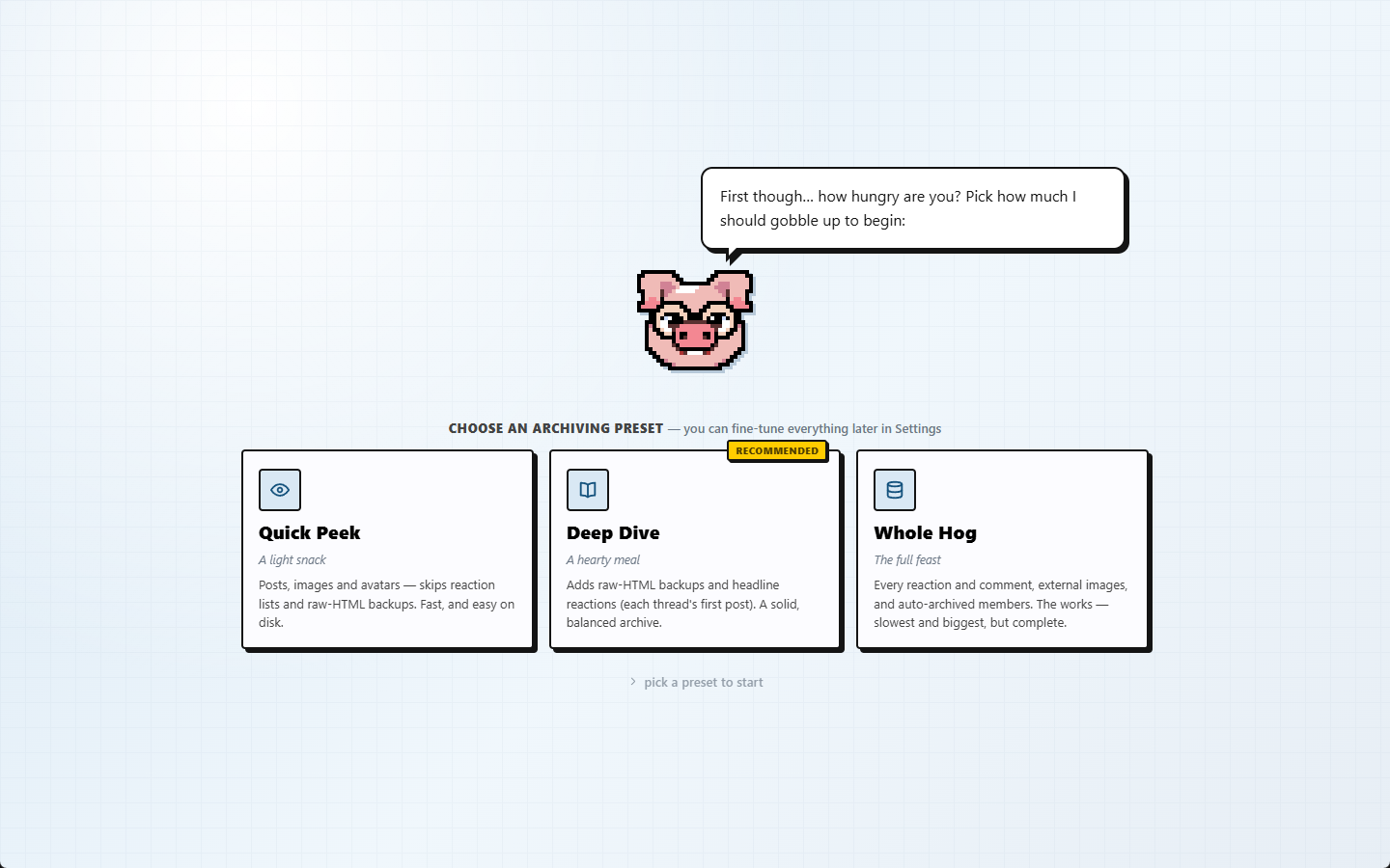 The RMW Archive welcome screen with the pig-nerd mascot and archiving presets