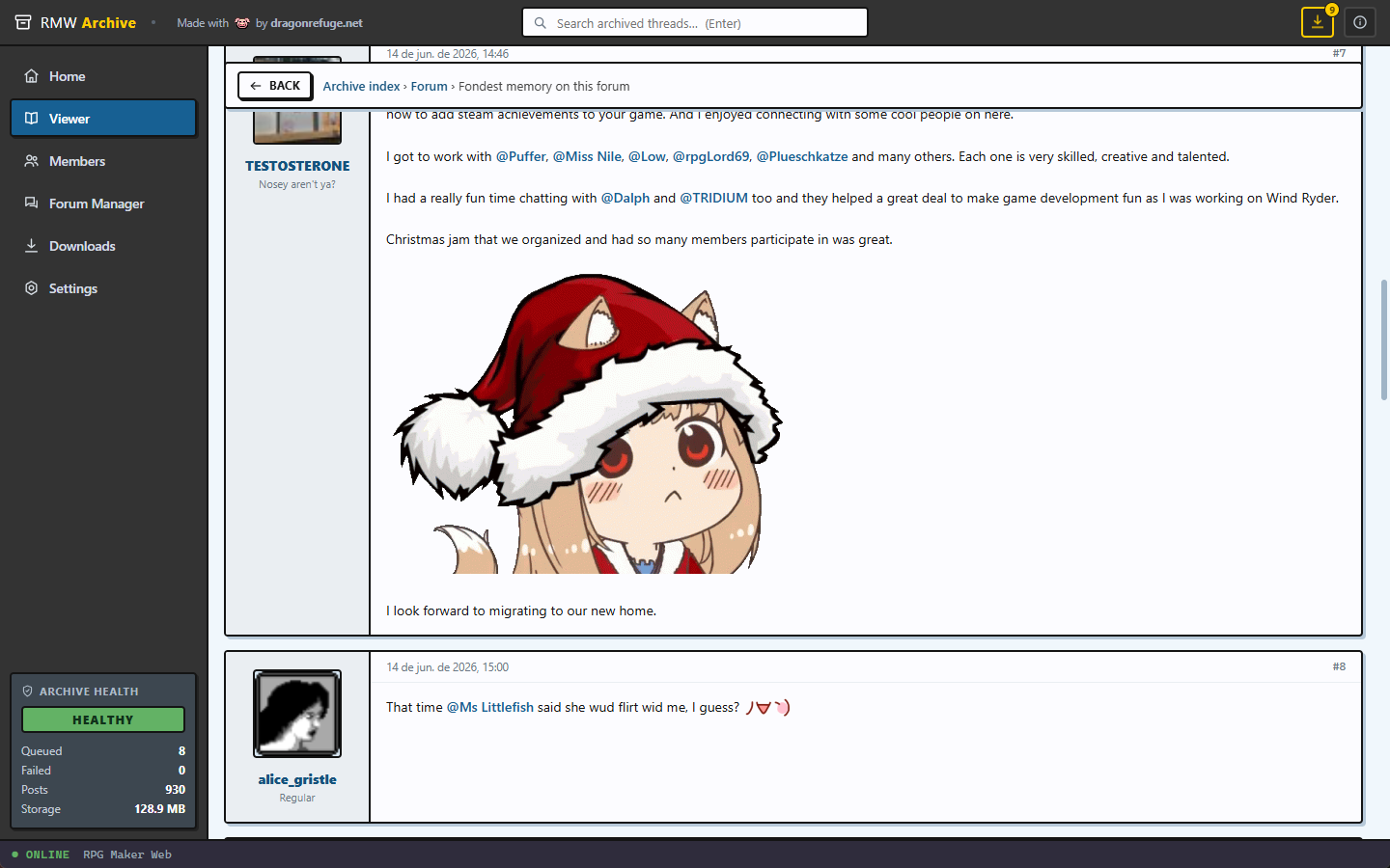 A thread open in the offline viewer, with avatars, formatted posts and reactions