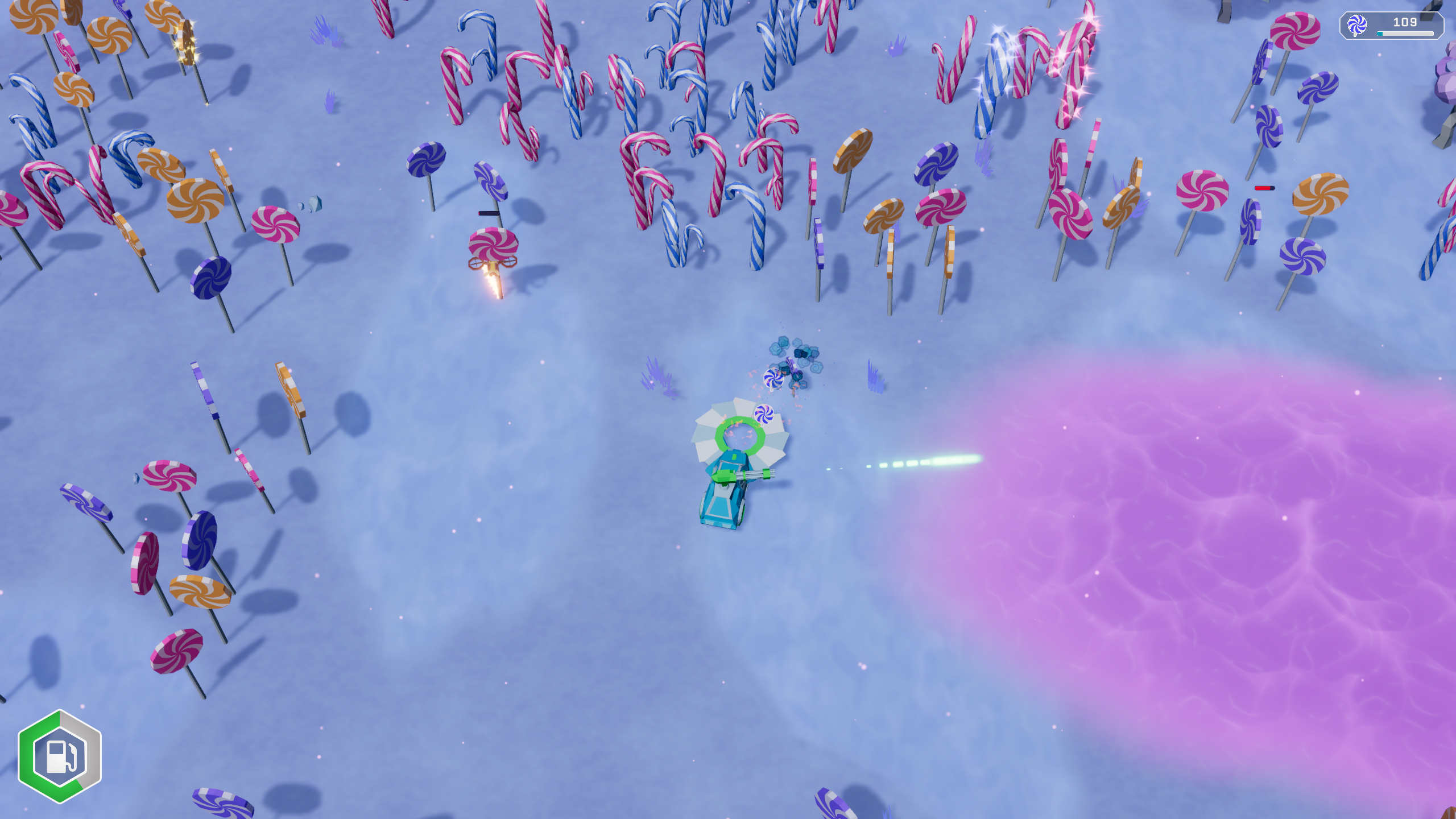 Planet Harvester gameplay showing the crawler vehicle harvesting resources on a colorful planet