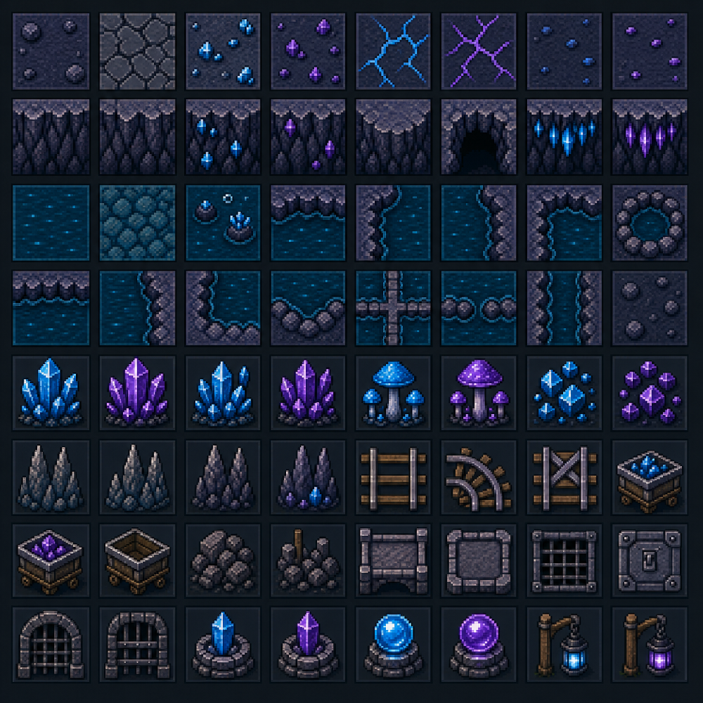 Crystal Cave Pixel Tileset Pack by godboyhappy
