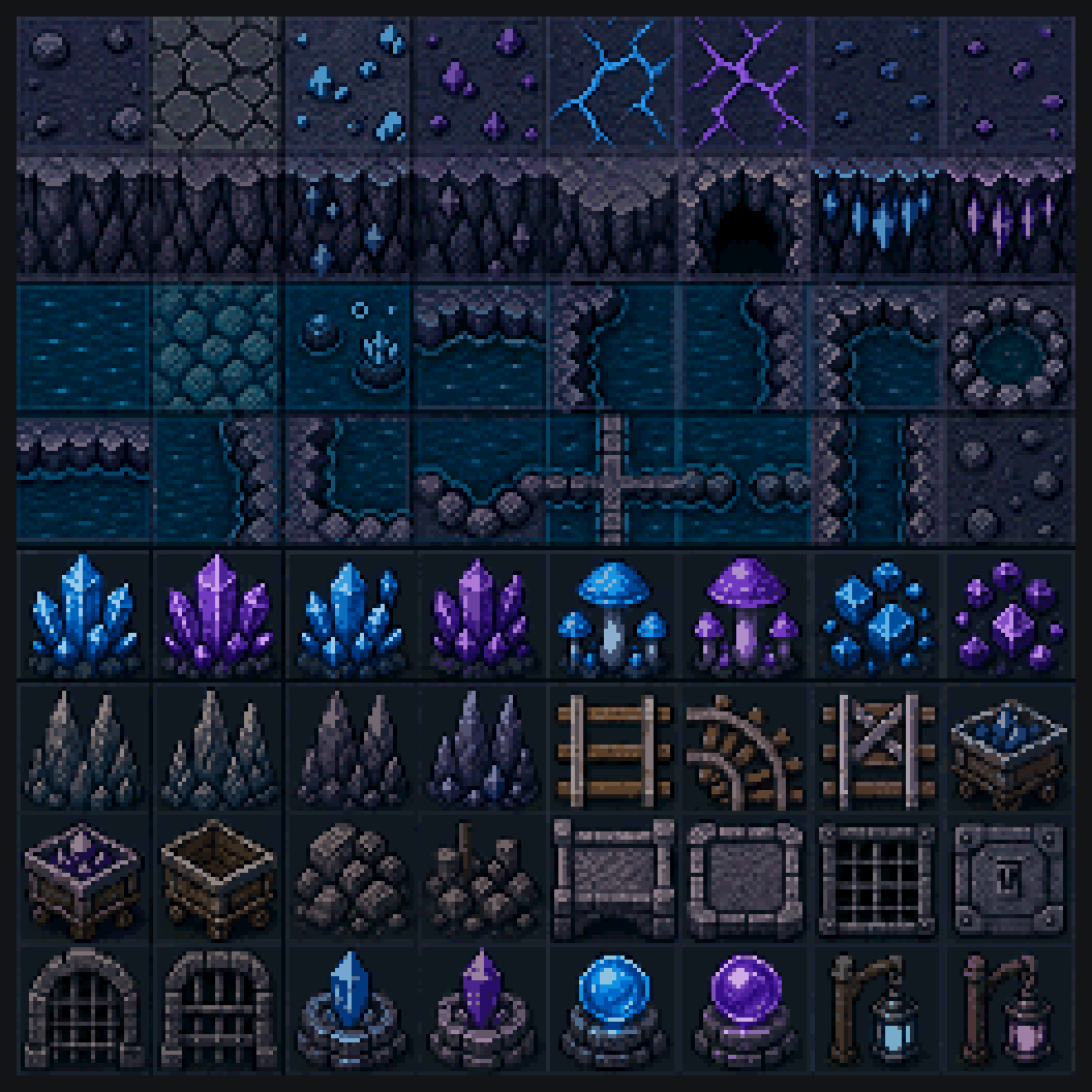 Crystal Cave Pixel Tileset Pack by godboyhappy