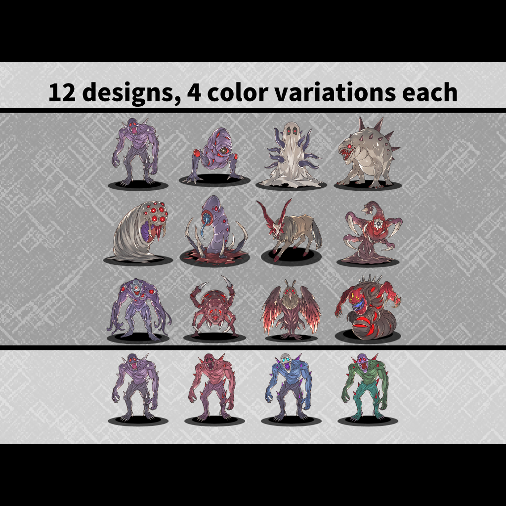 12 Creature Sprites Pack 11 (PNG, 4 Color Variations) by aconite