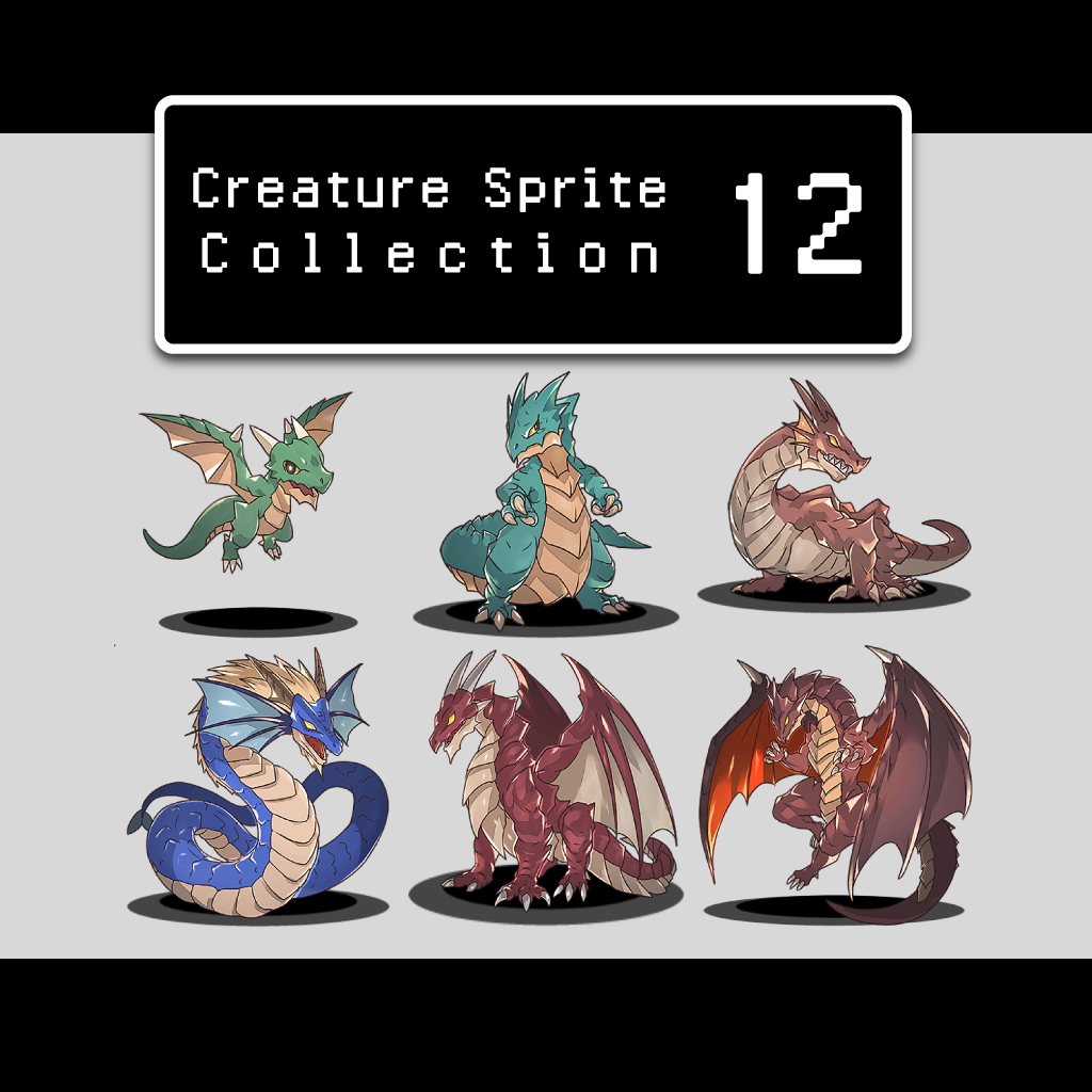 12 Creature Sprites Pack 12 (PNG, 4 Color Variations) by aconite
