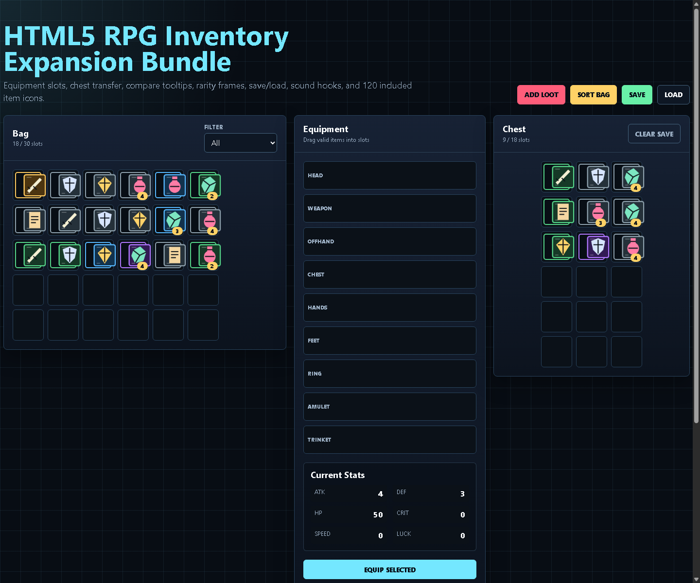 Chest Rpg Html5 Css HTML5 RPG Inventory System – Equipment, Loot & Save Framework by ...