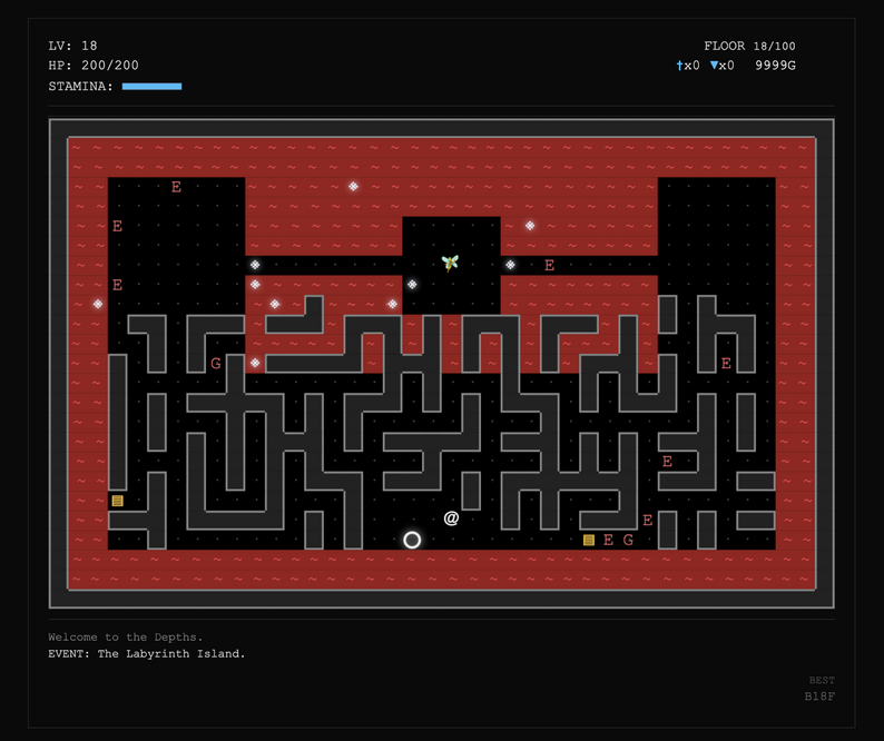 Minimal Rogue 公式スクリーンショット 赤い迷路状のダンジョンを記号キャラクターで探索する画面