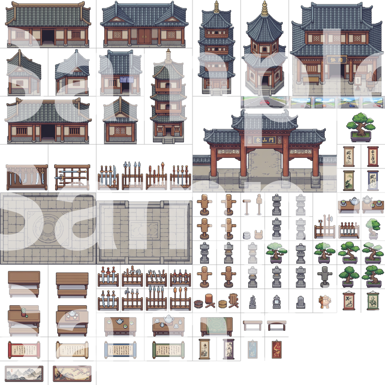 Ancient Chinese Wuxia Pixel Art Tileset by Cute SCKR