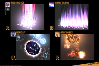 Four game effect screenshots: pink energy beam, purple energy wall, swirling cosmic vortex, and fiery meteors impacting.