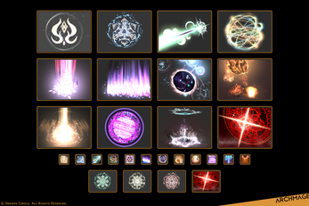 Grid of fantasy spell effect icons with glowing circles, runes, beams, and magical energy in various colors.