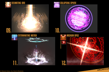 Four fantasy spell effects labeled Decimating Orb, Collapsing Sphere, Exterminating Matrix, and Magnum Opus with glowing magical visuals.