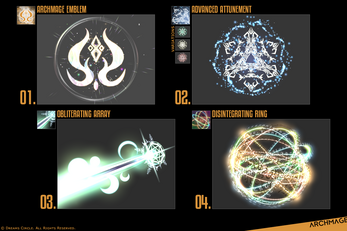 Four-panel game UI showing magical symbols and effects labeled Archmage Emblem, Advanced Attunement, Obliterating Array, Disintegrating Ring.