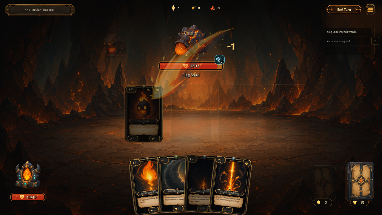 Deckshaper combat
  with a frontline creature attacking a monster