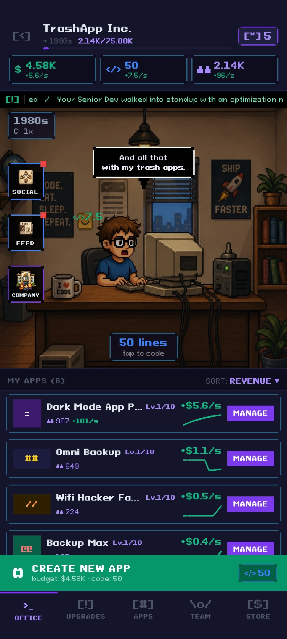 Screenshot 2 for TrashApp Inc - Idle Dev Tycoon