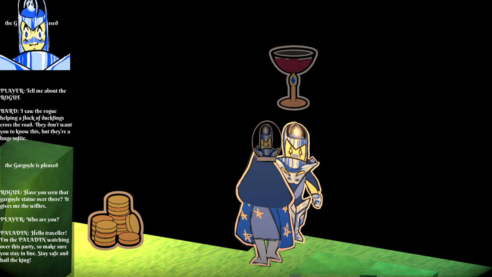 The Mage player gives a wine glass to the Paladin, and they blush. Copious amounts of text are logged on the left.