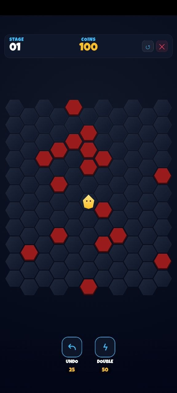 Hexi Trap gameplay: hexagonal puzzle board with red barriers and a yellow player piece