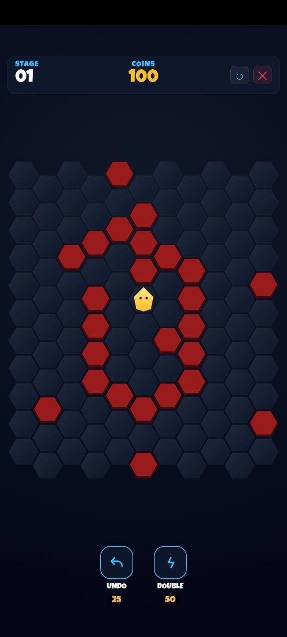Hexi Trap gameplay: the yellow player piece surrounded by a growing red barrier