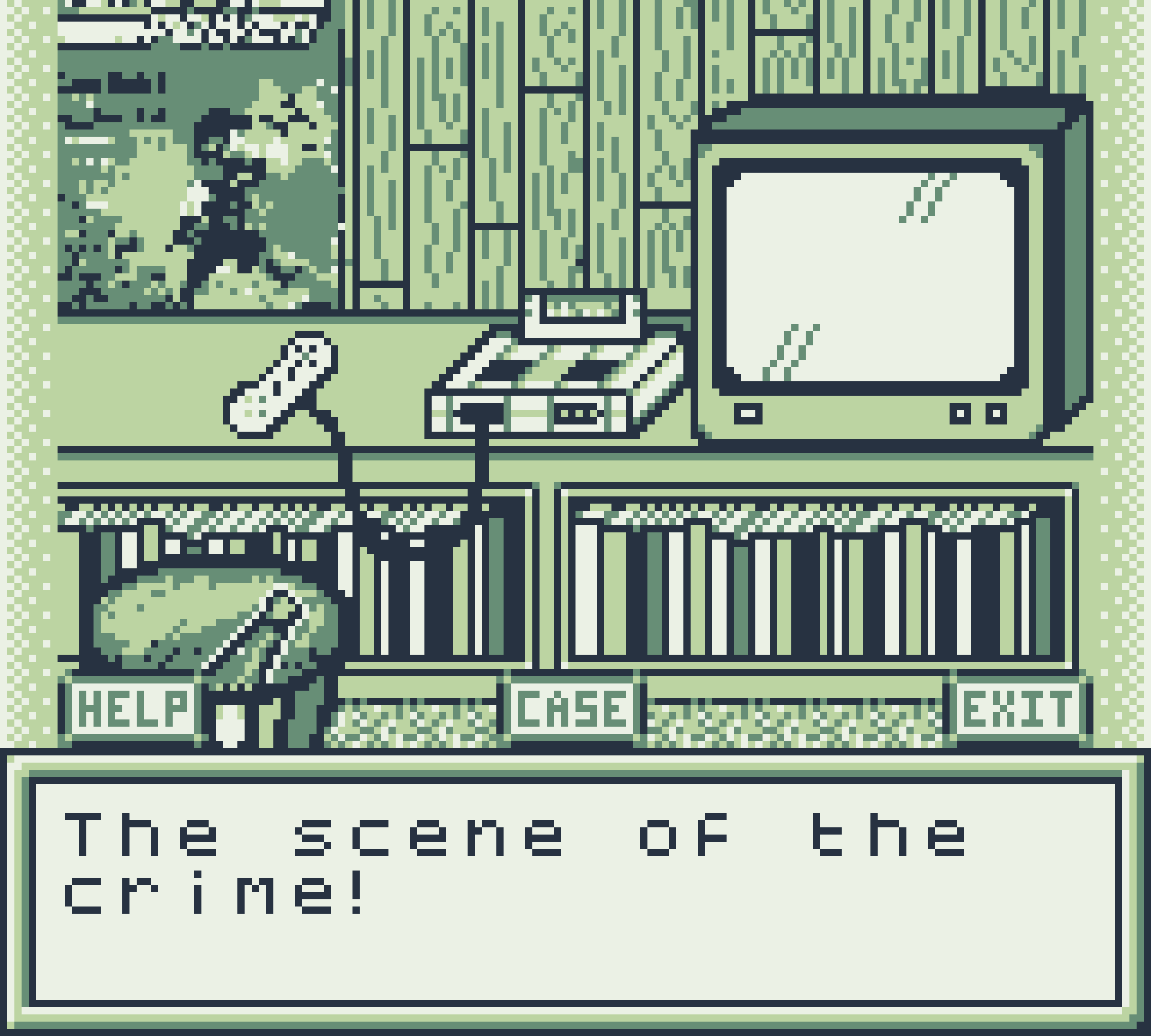 A wood-paneled room with a poster, a CRT, several books, and a SNES. 'The scene of the crime!'