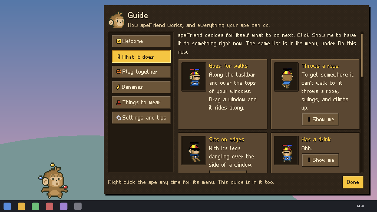the in-game guide, showing what the ape does