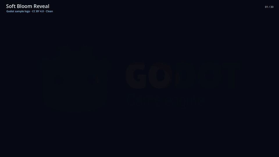 IntroForge effects using the optional Godot logo sample. Godot logo by Andrea Calabro, CC BY 4.0. IntroForge is not affiliated with or endorsed by the Godot Foundation.