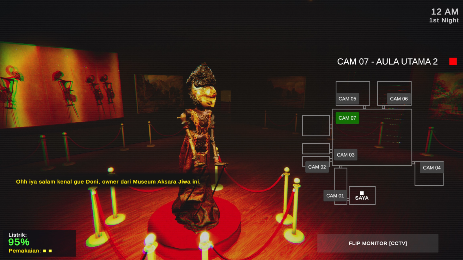 Museum Aksara Jiwa screenshot — the security monitor at midnight