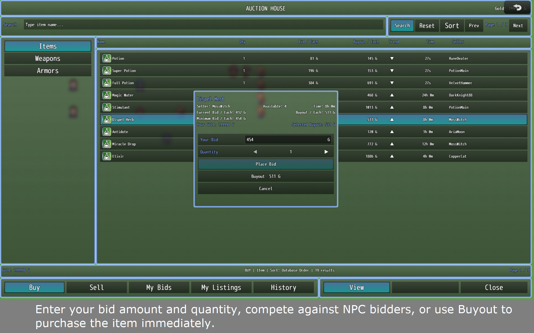 CT Auction House System marketplace in RPG Maker MZ showing active auction listings with NPC buyers and sellers.