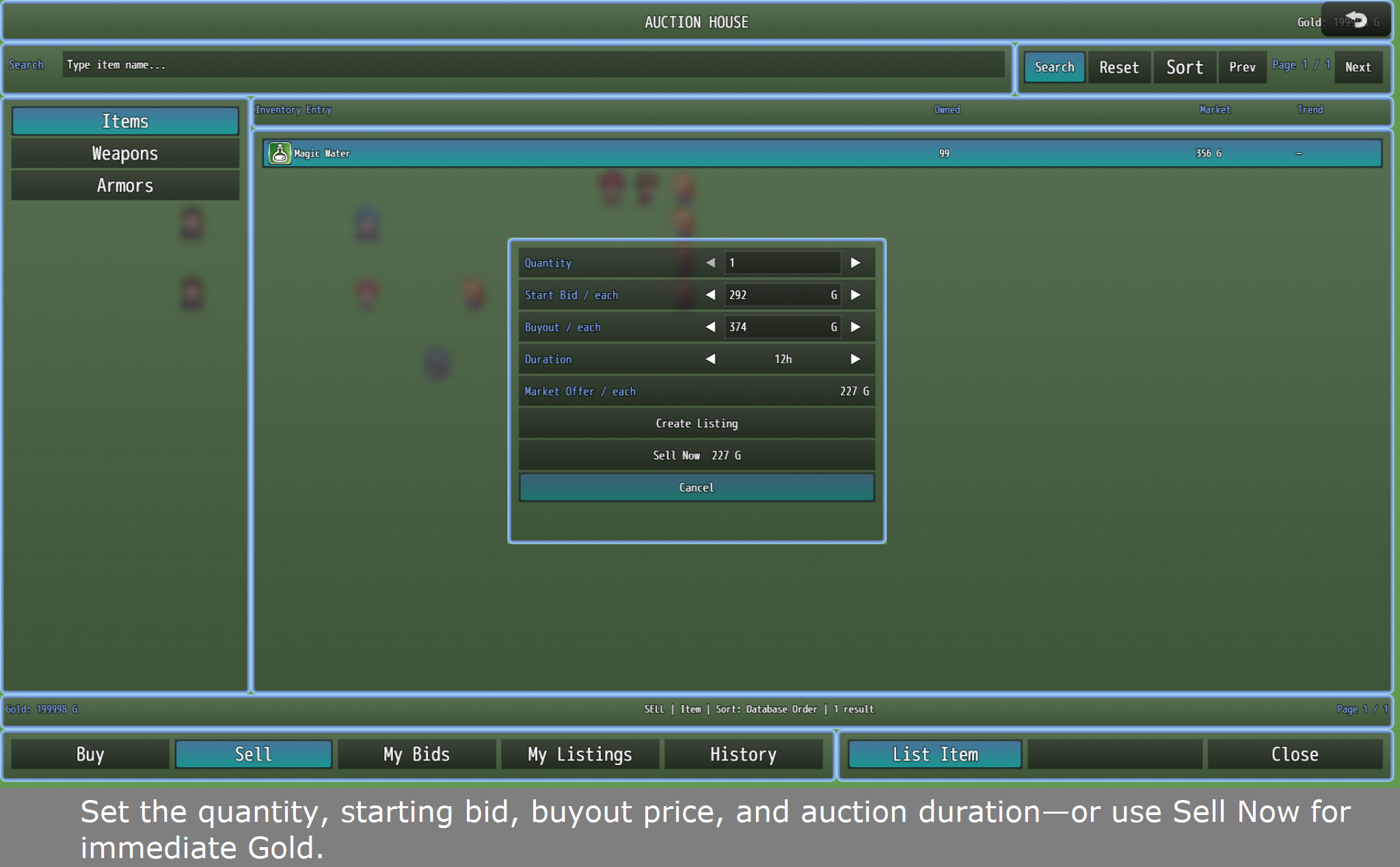 RPG Maker MZ auction listing in CT Auction House System with bidding and instant Buyout options.