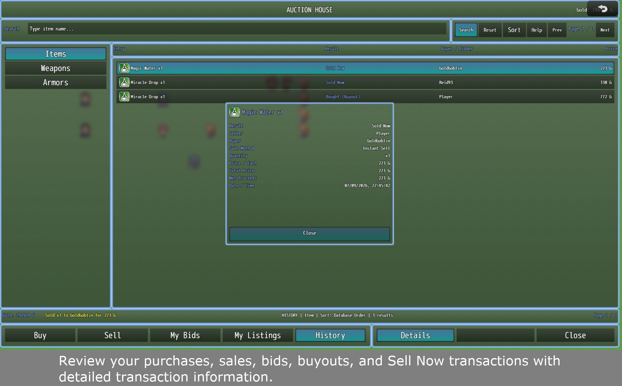 CT Auction House System player listing screen for setting auction quantity, price, and duration in RPG Maker MZ.